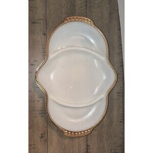 FIREKING FIRE KING WARE- WHITE DIVIDED RELISH DISH - 22K GOLD TRIM U.S.A VINTAG